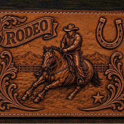 Handmade rodeo themed hand tooled leather bifold wallet with western cowboy design