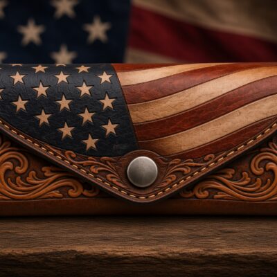 Shop a Patriotic Pride handmade leather eyeglass case featuring hand-tooled American flag and Western floral designs, 1776 detail and antique nickel snap. Made in the USA.