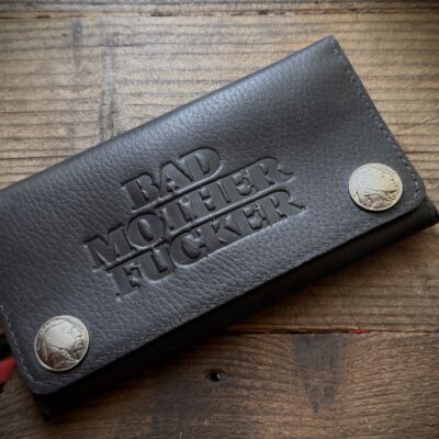 Black leather biker trifold