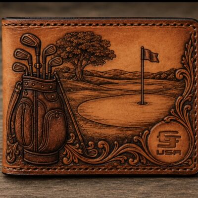 Hand-tooled brown leather bifold wallet with detailed golf-themed design showing a golf bag filled with clubs, a tree, rolling hills, and a red flag on a putting green, plus decorative scrollwork and CJ USA logo.​​​​​​​​​​​​​​​​​​​​​​​​​