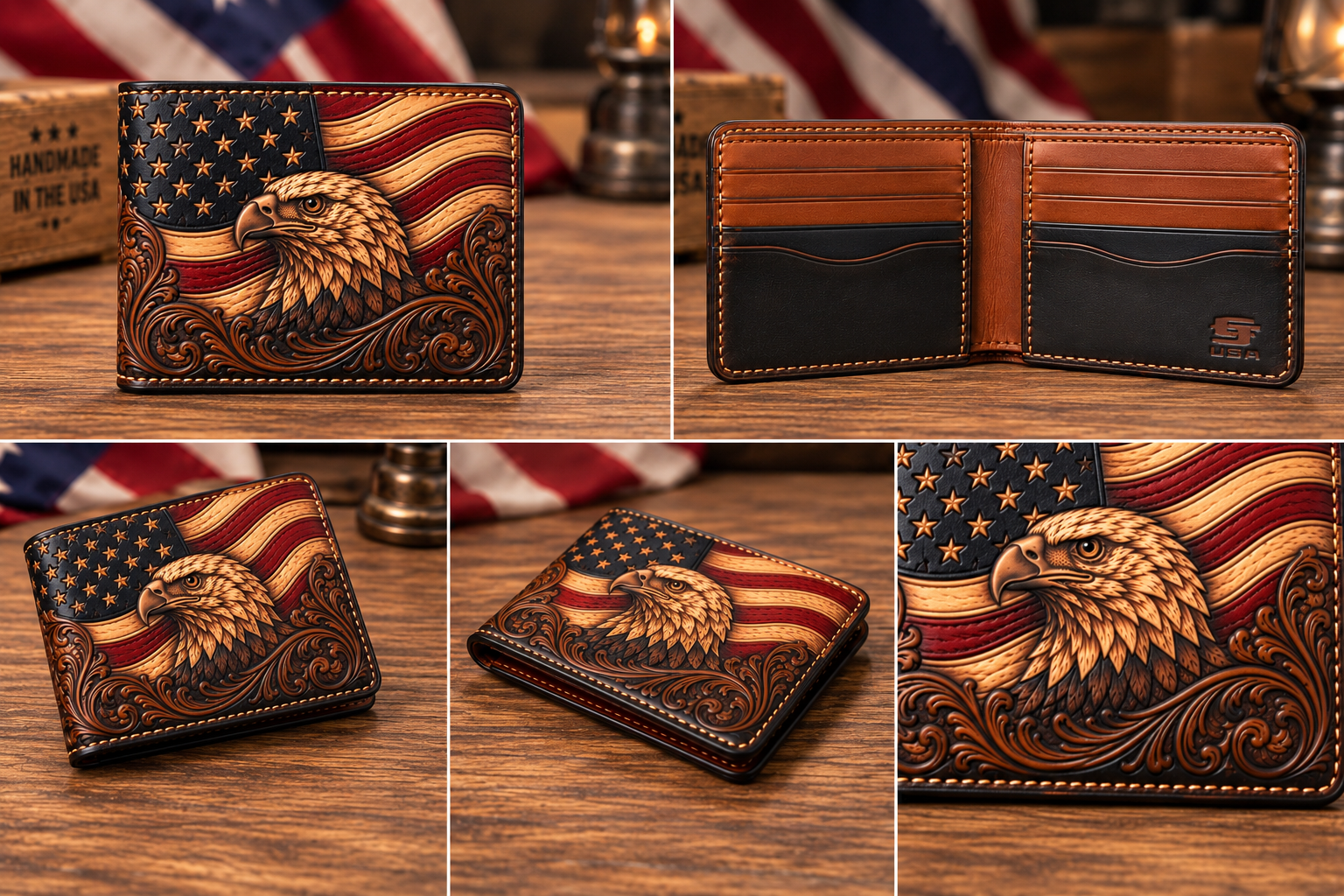 Patriotic American Flag and Bald Eagle Hand Tooled Leather Bifold Wallet