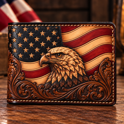 This handcrafted American Flag & Bald Eagle leather bifold wallet is individually made from premium vegetable tanned leather using traditional leather carving and tooling techniques. The front features a detailed relief carving of a majestic bald eagle set against a waving American flag with classic western floral scrollwork. The interior includes multiple credit card pockets, hidden compartments, and a full-length bill pocket. Each wallet is cut, carved, dyed, stitched, and finished by hand in the USA, making every piece a unique heirloom-quality wallet built for everyday use.