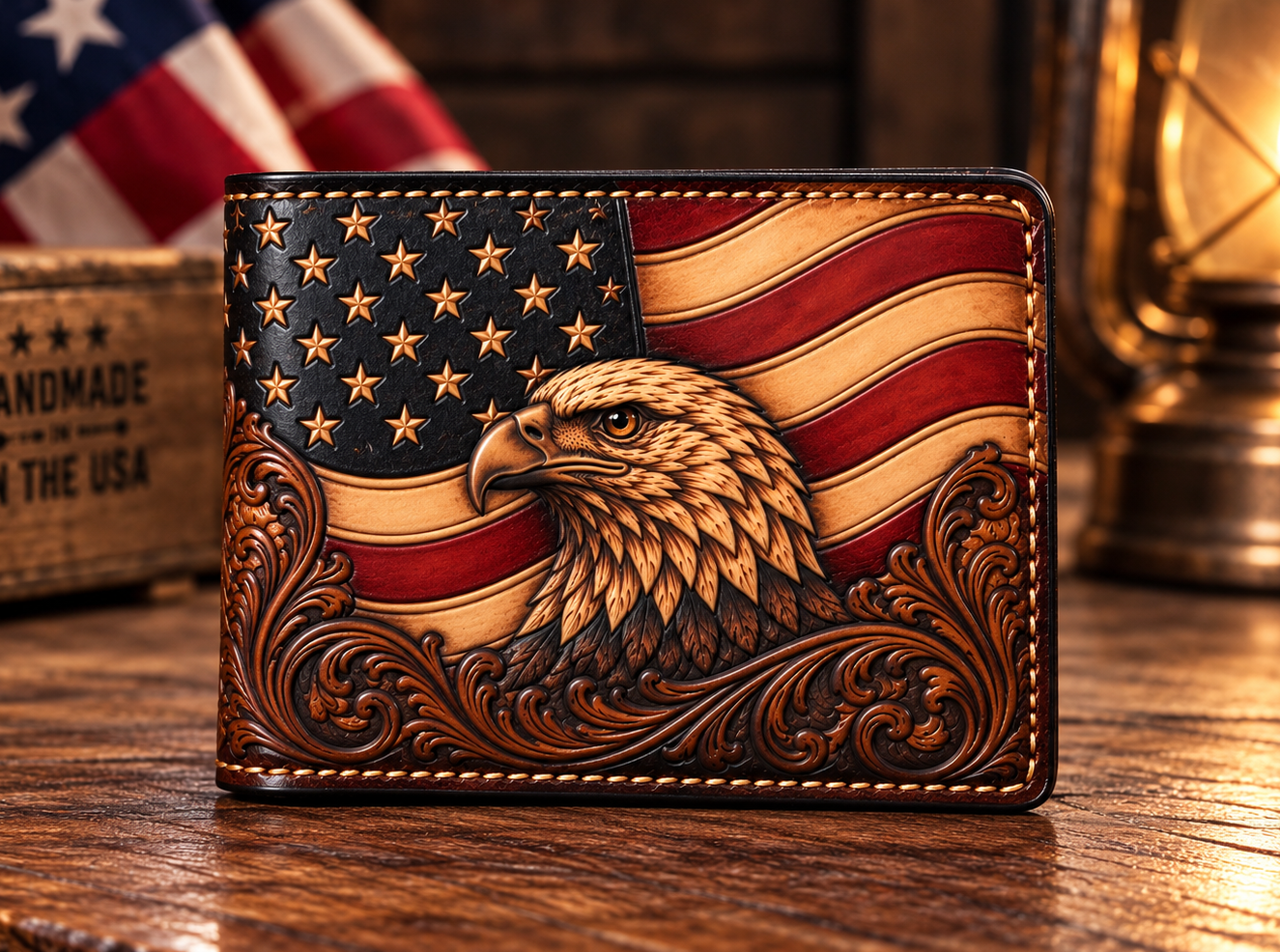 This handcrafted American Flag & Bald Eagle leather bifold wallet is individually made from premium vegetable tanned leather using traditional leather carving and tooling techniques. The front features a detailed relief carving of a majestic bald eagle set against a waving American flag with classic western floral scrollwork. The interior includes multiple credit card pockets, hidden compartments, and a full-length bill pocket. Each wallet is cut, carved, dyed, stitched, and finished by hand in the USA, making every piece a unique heirloom-quality wallet built for everyday use.