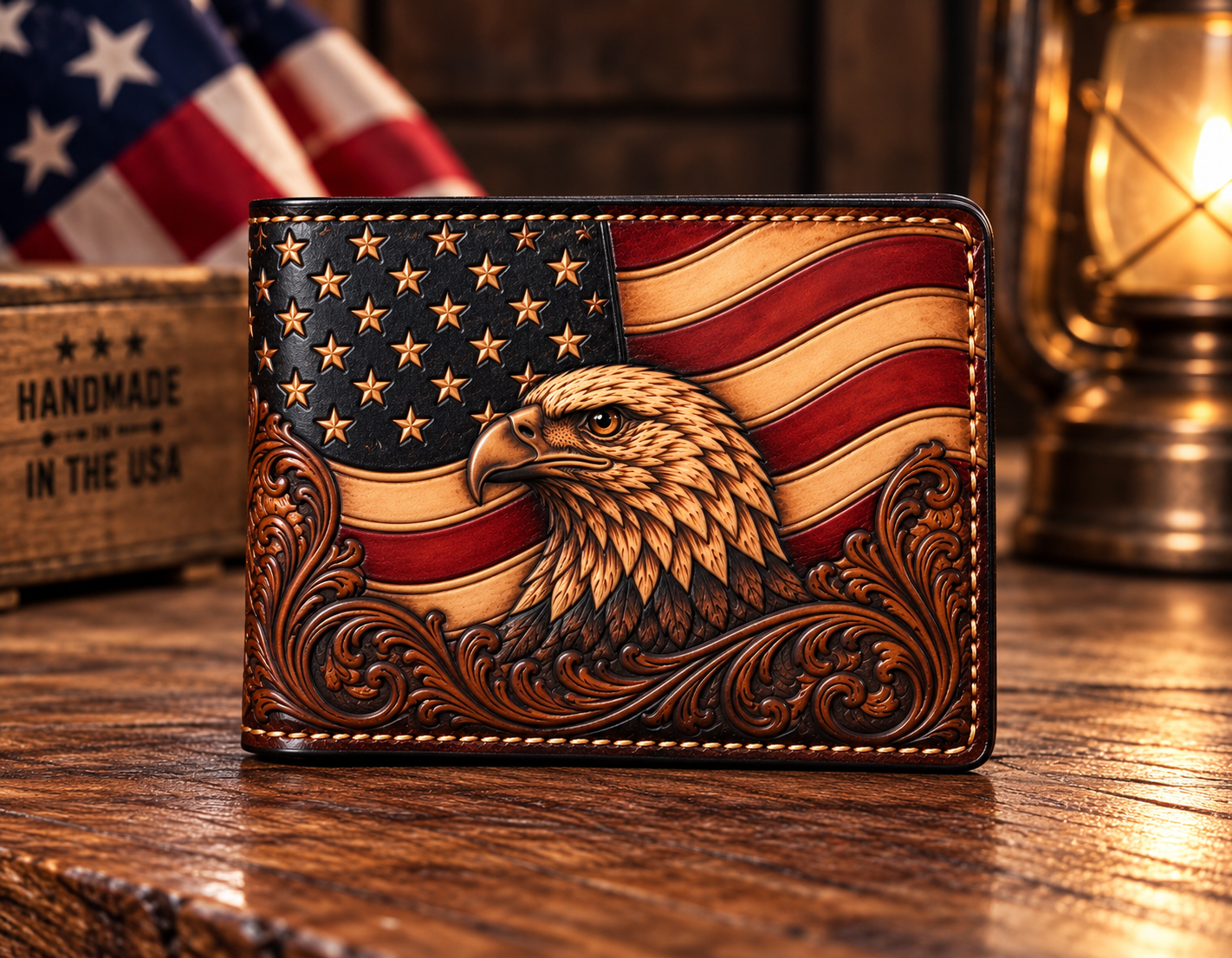 Hand Tooled American Flag & Bald Eagle Leather Bifold Wallet - Image 3
