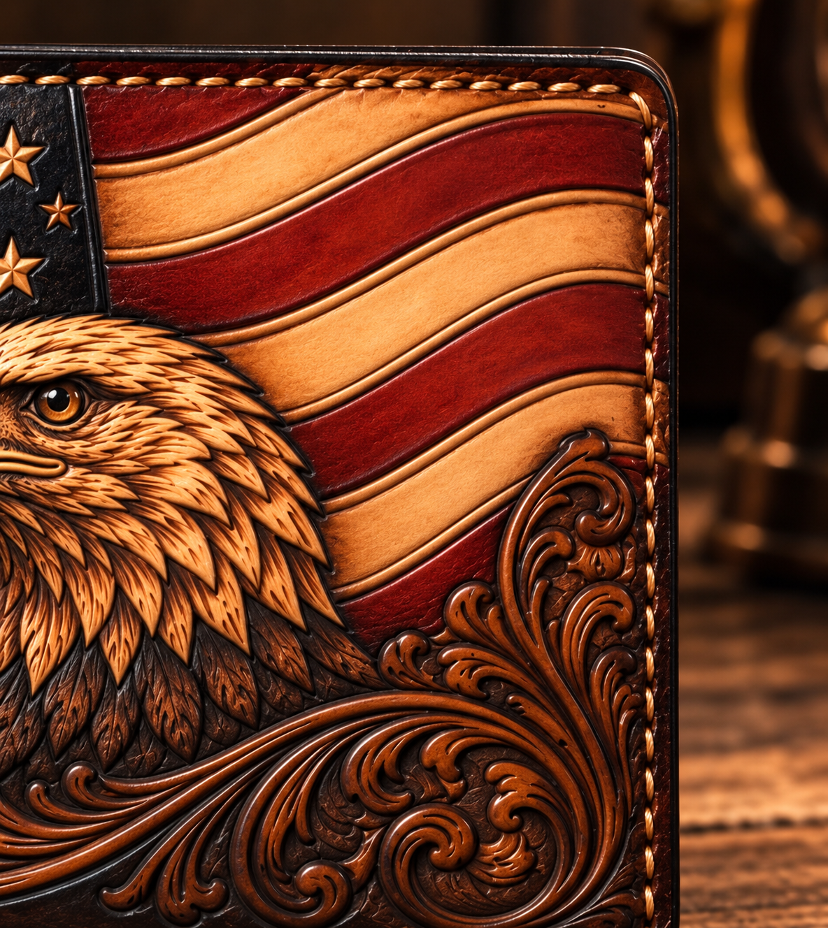 Hand Tooled American Flag & Bald Eagle Leather Bifold Wallet - Image 4
