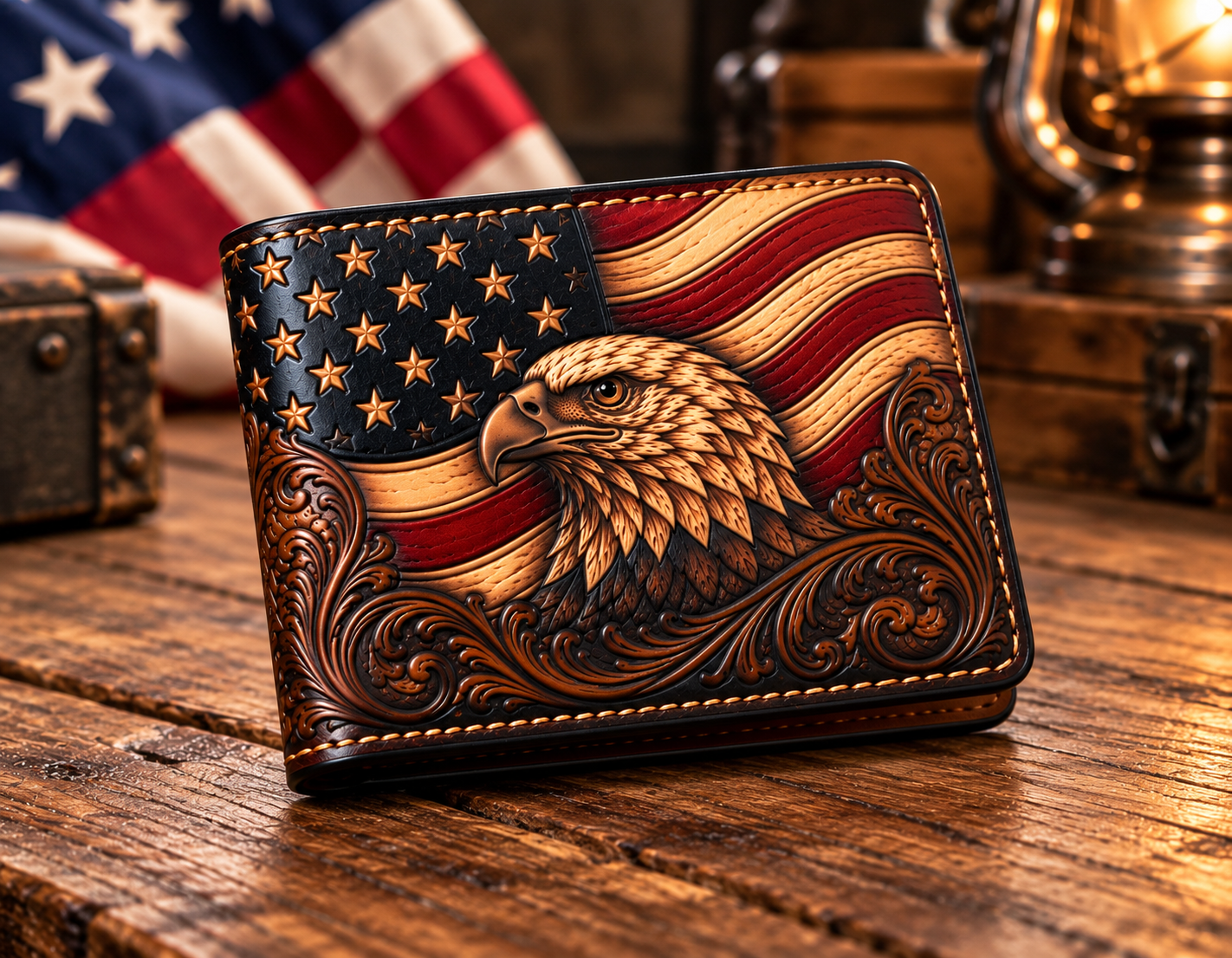 Hand Tooled American Flag & Bald Eagle Leather Bifold Wallet - Image 5