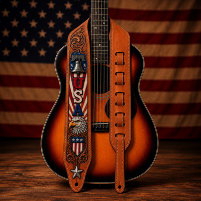 Custom hand tooled patriotic USA leather guitar strap featuring American flag, Liberty Bell, bald eagle, and western floral tooling.