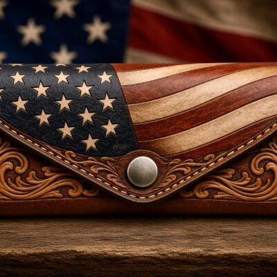 Shop a Patriotic Pride handmade leather eyeglass case featuring hand-tooled American flag and Western floral designs, 1776 detail and antique nickel snap. Made in the USA.