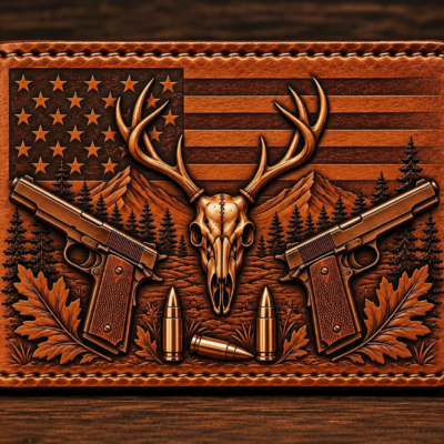 Hand-tooled leather bifold wallet with deer skull, pistols and American flag