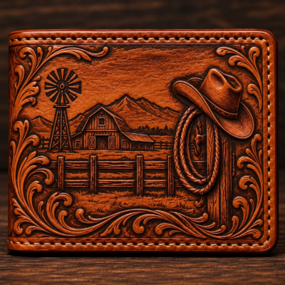 Hand tooled western leather bifold wallet with ranch barn, windmill, mountains, cowboy hat and rope design
