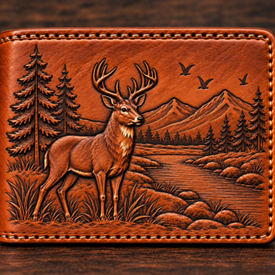 Hand-tooled deer wilderness leather bifold wallet with mountain and forest scene