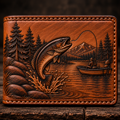 Hand-tooled fishing scene leather bifold wallet with trout, boat, mountains and pine trees