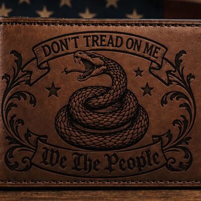 Handmade leather bifold wallet with laser engraved Don’t Tread on Me snake and We the People design