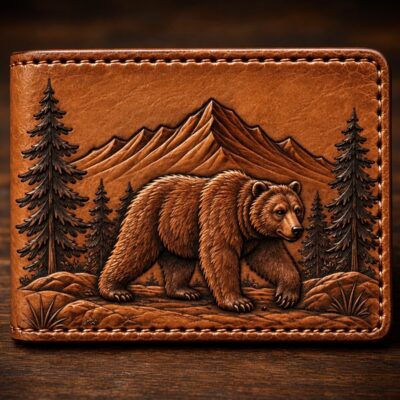 Hand-tooled bear leather wallet with grizzly and mountain wilderness scene