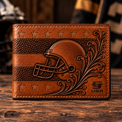 Hand-tooled football leather wallet with helmet and western floral design