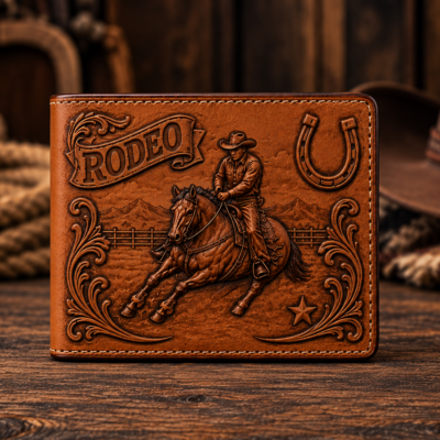 Hand-tooled leather rodeo wallet featuring cowboy on horseback and horseshoe design