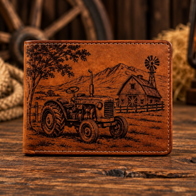 Hand-tooled leather bifold wallet featuring a horse, mountains, ranch fence and western scene