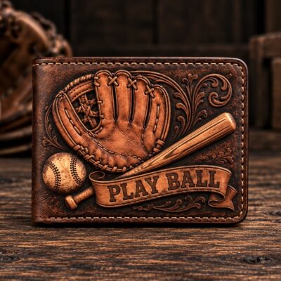 Hand-Tooled Baseball Leather Wallet – Play Ball