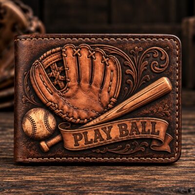 Hand-Tooled Baseball Leather Wallet – Play Ball