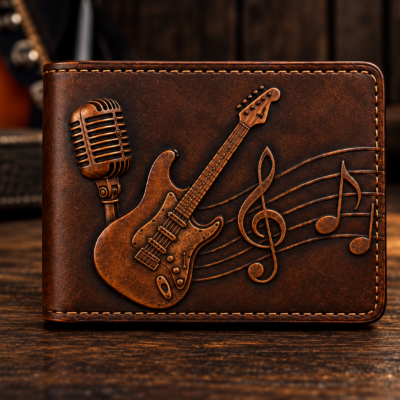 Hand-tooled guitar and music leather bifold wallet with vintage microphone and musical notes