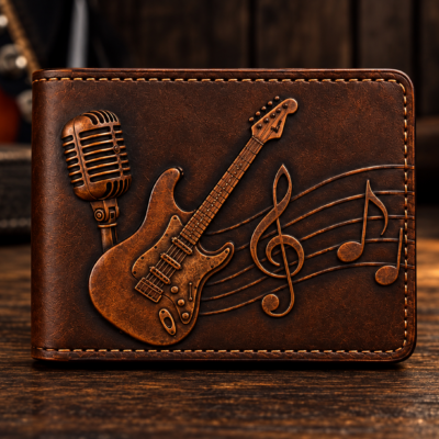 Hand-tooled guitar and music leather bifold wallet with vintage microphone and musical notes
