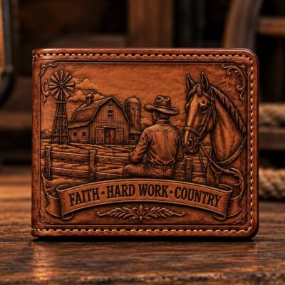 Hand tooled western leather wallet with cowboy and horse design