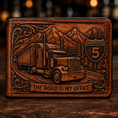 Hand-tooled leather trucker wallet with semi-truck, mountains, and Interstate 5 design