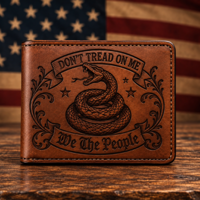 Laser engraved Don't Tread on Me leather bifold wallet with rattlesnake and We The People design