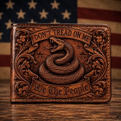Hand tooled Don't Tread on Me leather bifold wallet with rattlesnake design