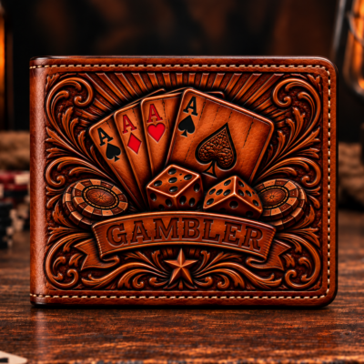 Hand tooled Gambler leather bifold wallet with playing cards dice and poker chips