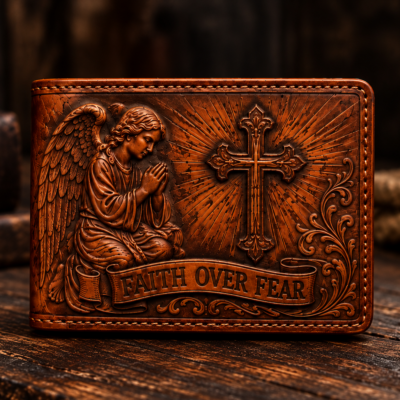 Faith over fear hand tooled leather christian faith based bifold wallet