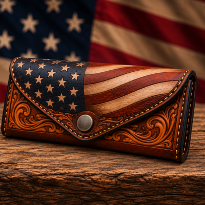 Patriotic hand-tooled leather eyeglass case with American flag design