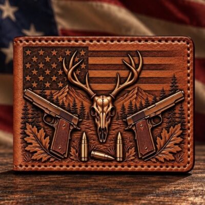 Patriotic hand-tooled leather wallet with deer skull, pistols, mountains, and American flag design