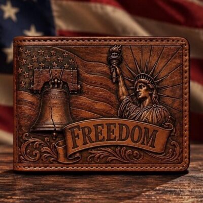 Patriotic hand-tooled leather wallet with Freedom design, Liberty Bell, Statue of Liberty and American flag