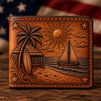 Hand-tooled leather bifold wallet featuring a tropical beach, palm trees, sailboat, and sun design
