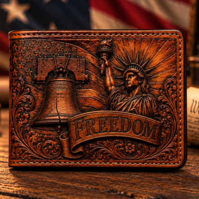 Hand-tooled leather bifold wallet with Liberty Bell, Statue of Liberty, American flag and Freedom design