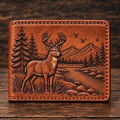 Hand-tooled deer leather wallet with mountain and forest wildlife scene