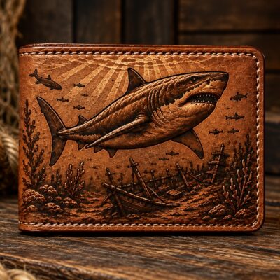 handmade hand tooled Great White Shark Bifold wallet
