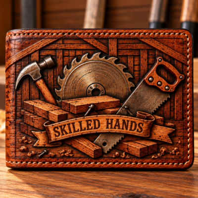 Hand-tooled leather woodworking wallet with skilled hands design