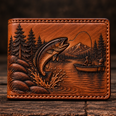 Hand-tooled fishing scene leather bifold wallet with trout, boat, mountains and pine trees