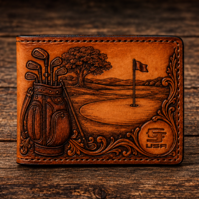 Hand-tooled leather golf wallet with golf bag and golf course scene