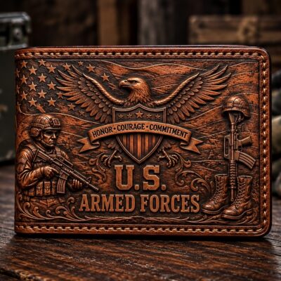 Hand-tooled U.S. Armed Forces leather wallet with eagle, soldier, rifle, boots, and patriotic design