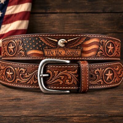 Hand-tooled patriotic leather belt featuring an American eagle, We the People, stars, and Western floral tooling