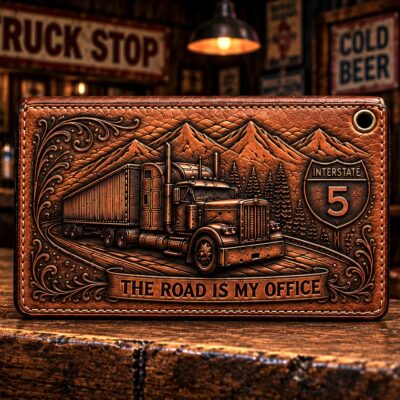 Hand-tooled leather trucker wallet featuring an embossed semi truck, mountain scene, Interstate 5 shield, and “The Road Is My Office” design