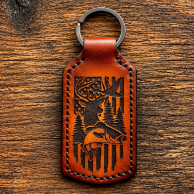 Hunting and fishing laser engraved leather keychain - hand sewn and made in the USA