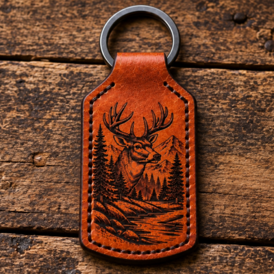 Handmade leather hunting keychain with engraved deer, mountains, pine trees and wilderness stream