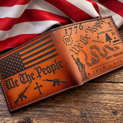 Handmade Premium Patriotic we the People Laser-Engraved Leather Bifold Wallet