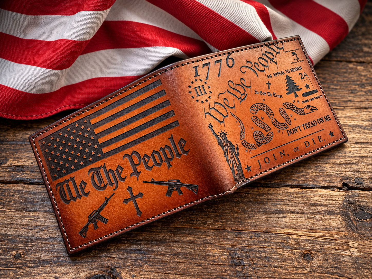 Handmade Premium Patriotic we the People Laser-Engraved Leather Bifold Wallet