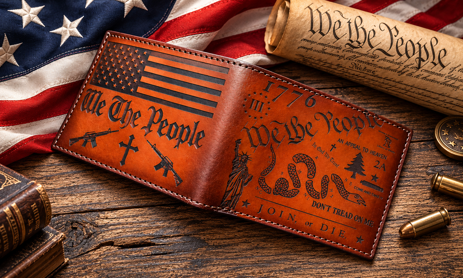 Handmade Premium Patriotic Laser-Engraved Leather Bifold Wallet - Image 2