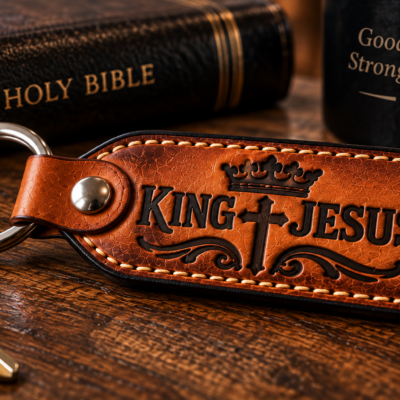 Hand-Tooled King Jesus Leather Keychain – Christian Faith Gift